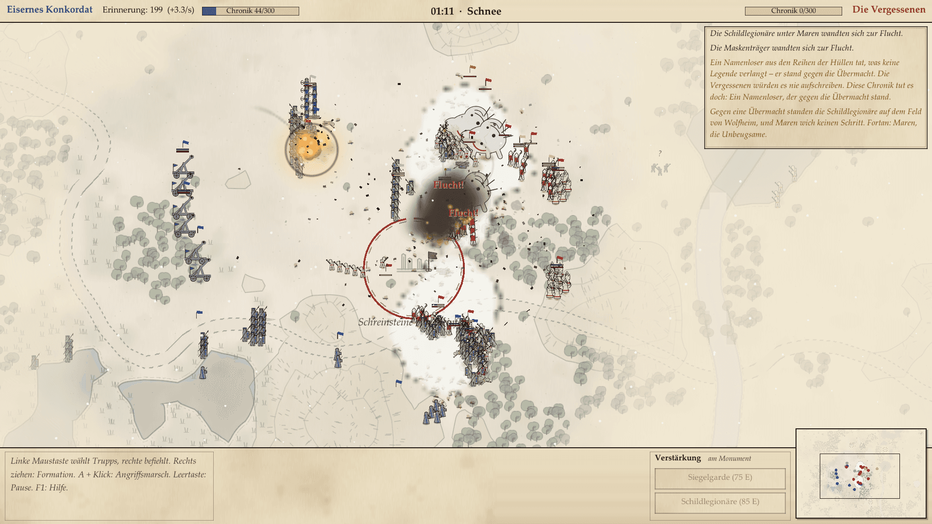 A large snowy battle between the Iron Concordat and the Forgotten, with catapults, siege towers and dozens of units clashing while the chronicle records the fight.