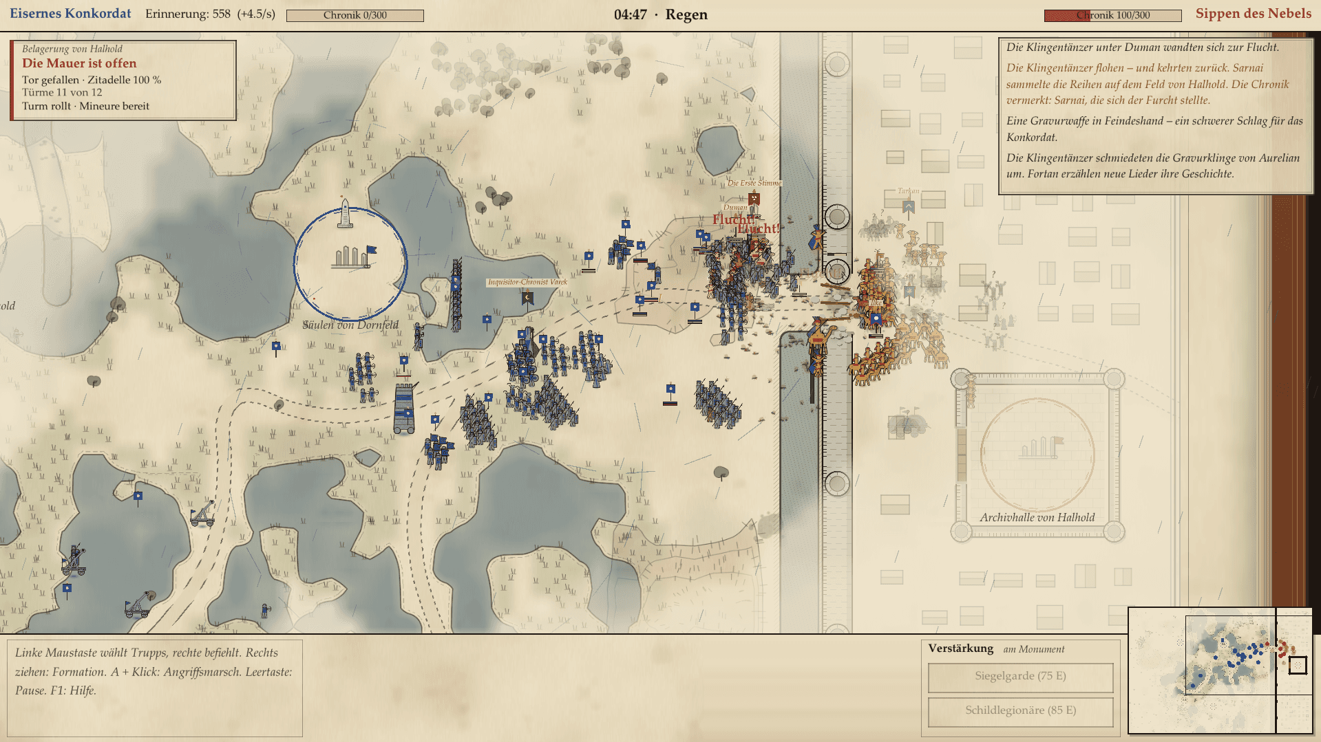 The Iron Concordat besieging the city of Halhold in the rain: a siege tower rolls toward the breached gate while defenders of the Kin of the Mist hold the walls and the chronicle records the battle.