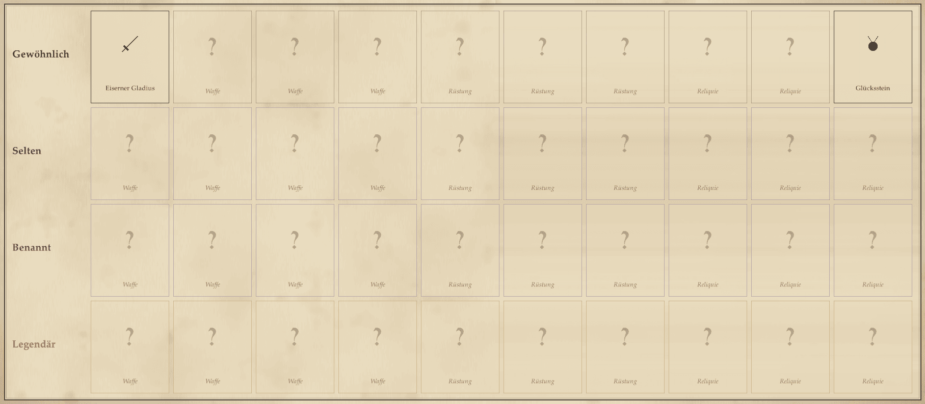 A parchment collection grid with four rows for the rarities Common, Rare, Named and Legendary, each holding slots for weapons, armour and relics. Only the Iron Gladius and the Lucky Stone have been discovered so far; all other slots show a question mark.