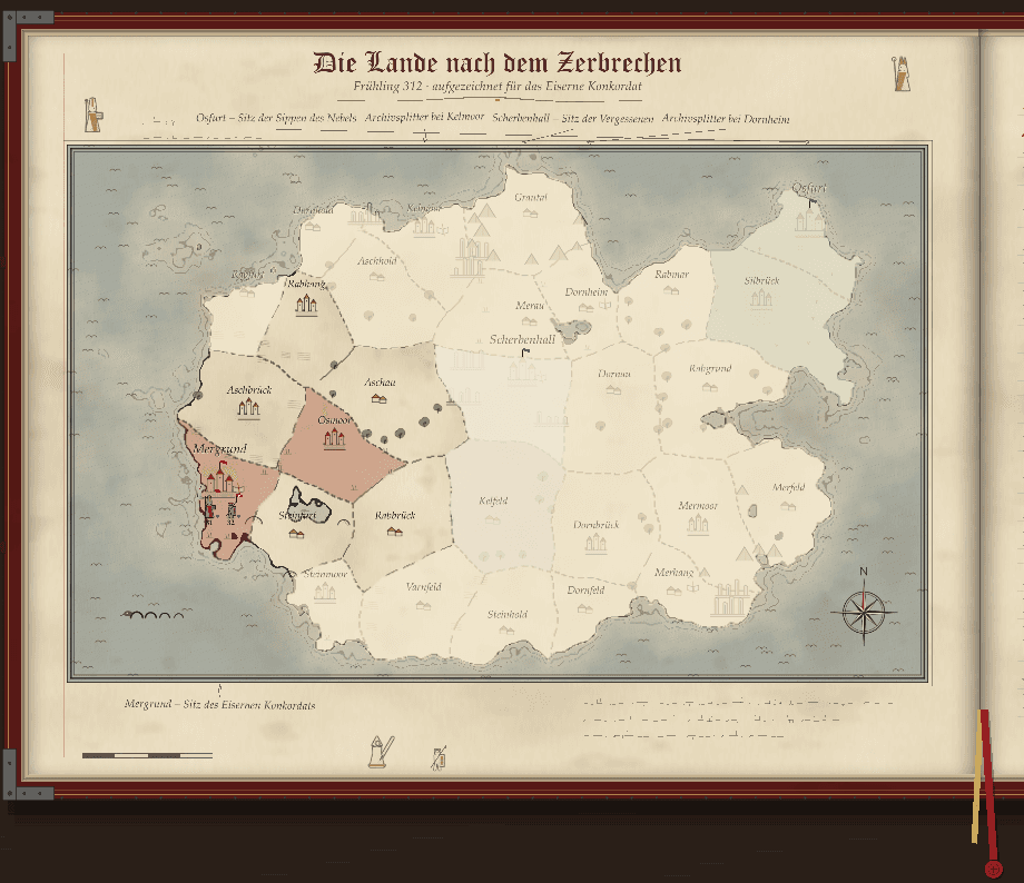 A parchment map titled “The Lands After the Breaking” in a leather-bound chronicle: an island divided into many regions such as Aschau, Scherbenhall, Dornheim and Osfurt, with the Iron Concordat’s seat at Mergrund and its neighbouring lands marked in red.